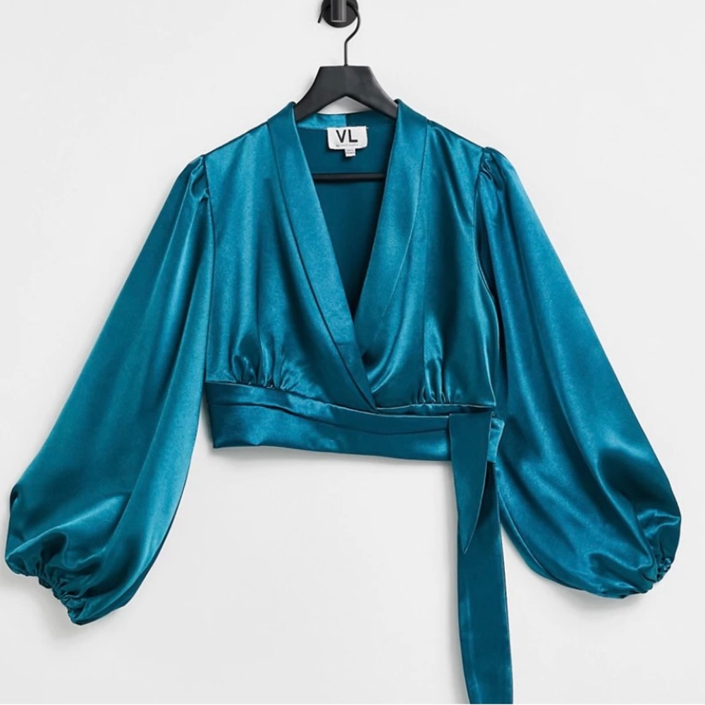 ASOS Teal Blouse, Unworn Satin Wrap Front Tie Detail